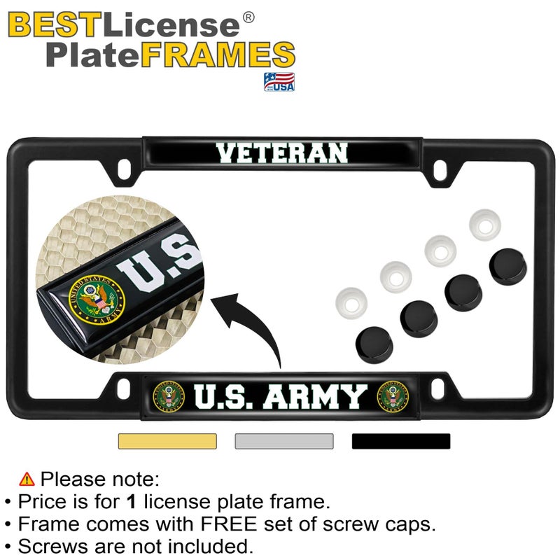 BestLicensePlateFrames [Officially Licensed Product] - U.S. Army Veteran - Domed Custom-Made Personalized Narrow (Thin) Top 4 Hole Metal Car License Plate Frame with Free caps - Black (Quantity: 1 Frame) - Image 2